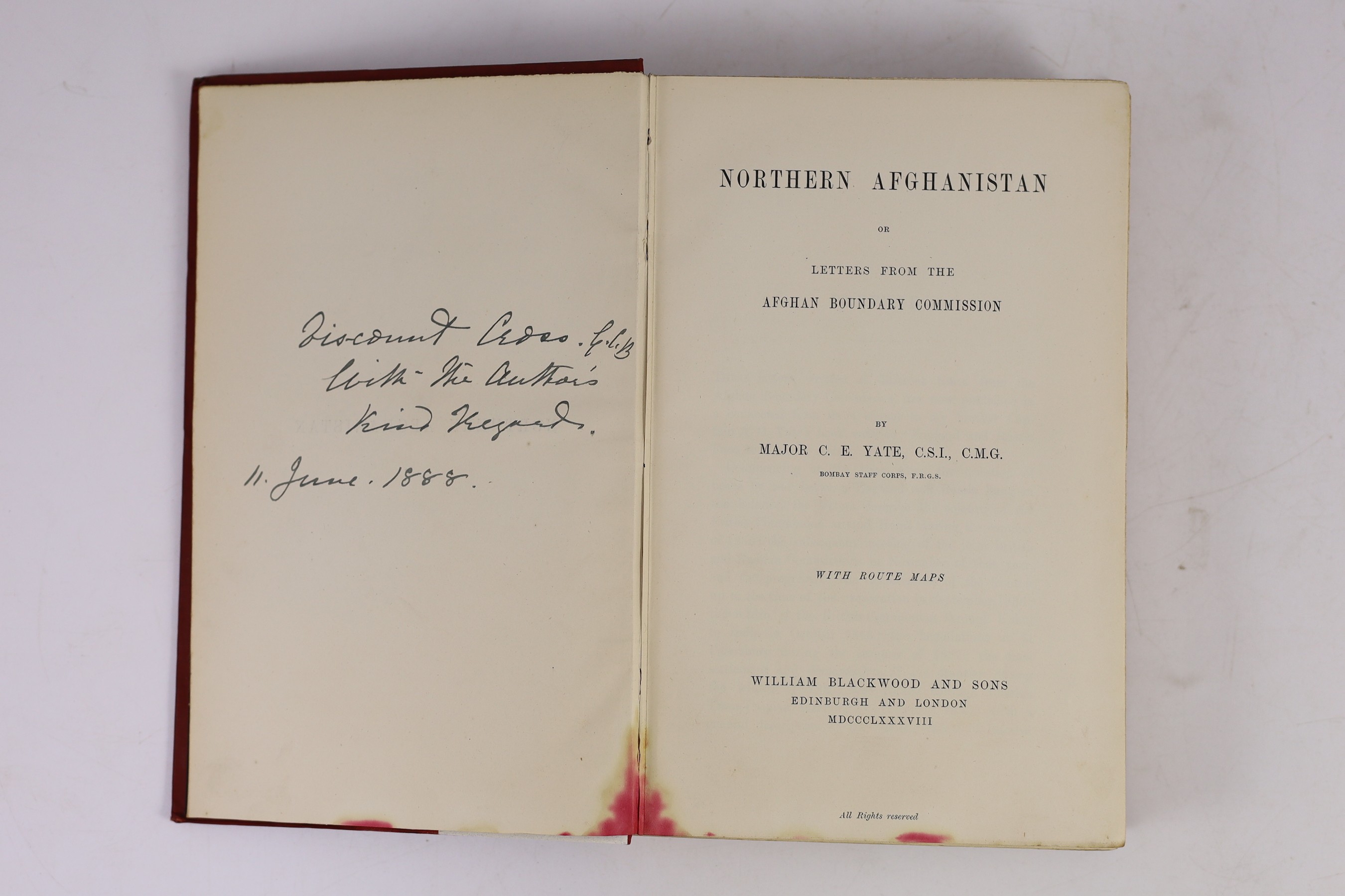 Yate, Charles Edward, Maj. - Northern Afghanistan, 8vo, original red cloth, with 3 maps, 2 of them folding in rear cover pocket, authors presentation inscription to Vicount Cross [Richard Assheton, 1823-1914] to front fl